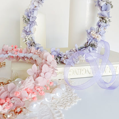 Pink and lavender dried flower crowns with preserved hydrangea, delicate lightweight wedding hair accessories