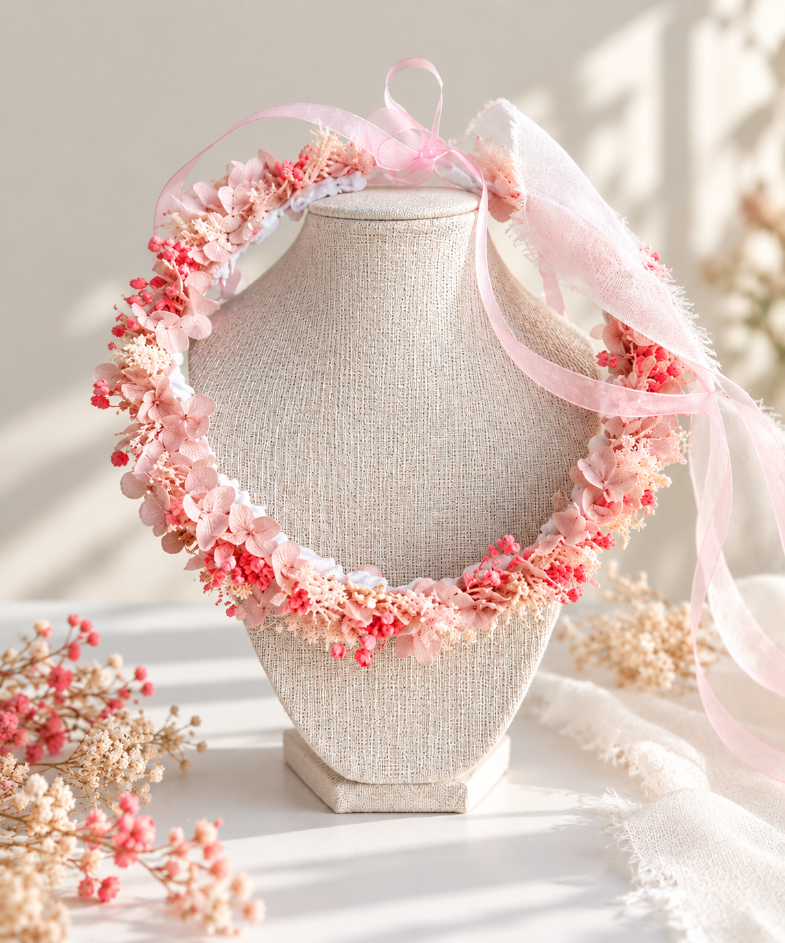 A floral pink and coral dried flower hair crown, displayed on a beige fabric-covered jewelry bust against a softly lit neutral background.