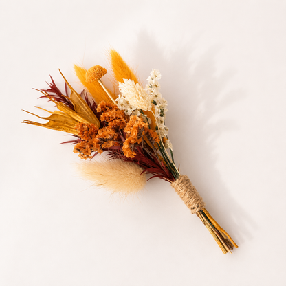 Rust and neutral mini dried flower bouquet handmade with preserved flowers for bridesmaid gifts and rustic weddings.