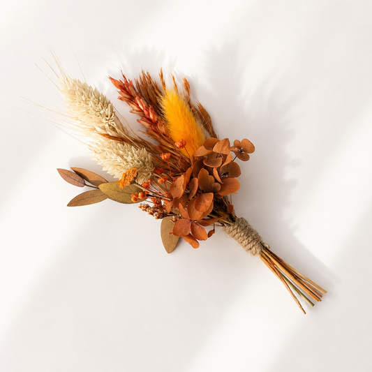 Mini dried flower bouquet in rust, ivory and wheat tones, handmade for bridesmaid proposal gifts and wedding favours.
