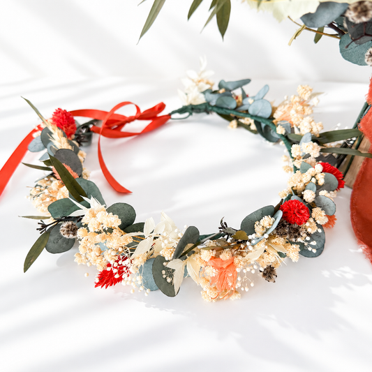 Delicate dried flower crown with eucalyptus, ivory and peach preserved flowers, red accents and adjustable ribbon tie