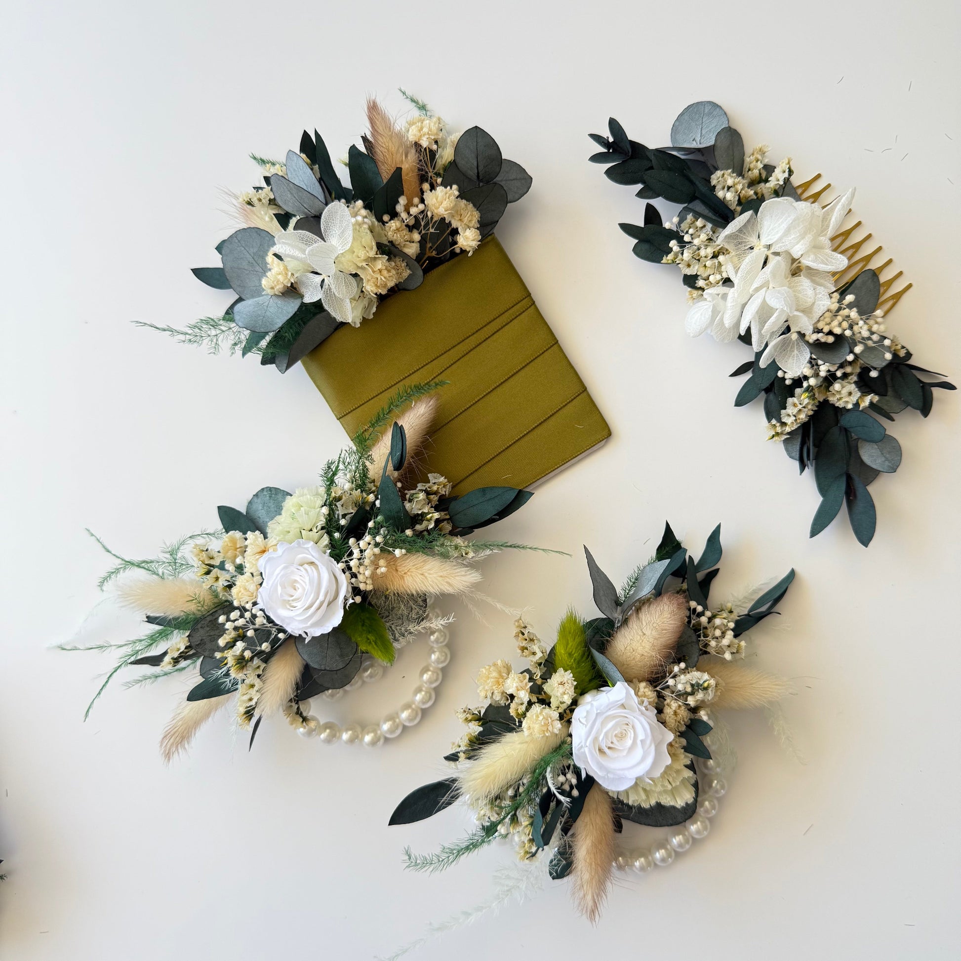 Boho dried floral hair comb with boutonniere in olive green and ivory palette, ideal for outdoor weddings.