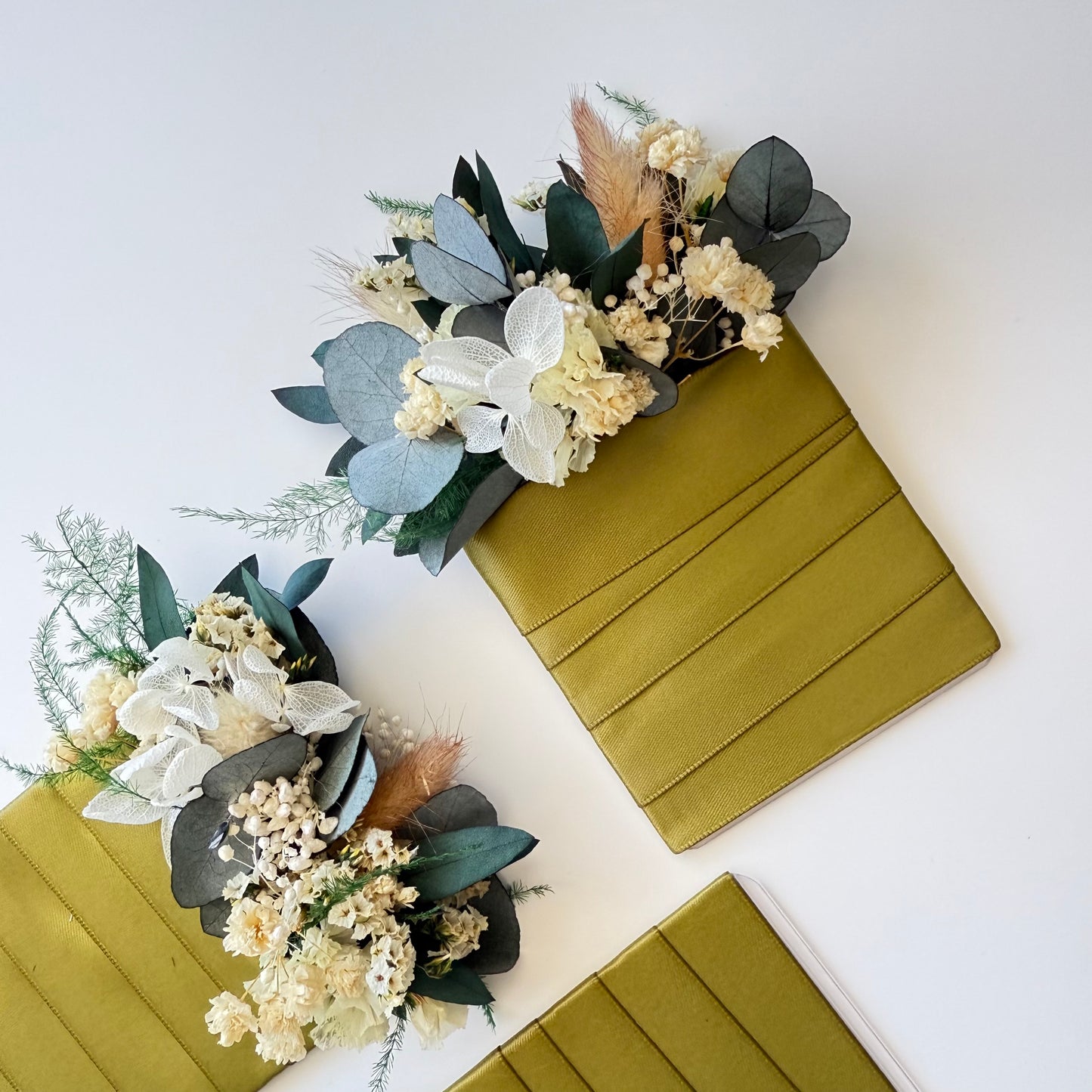 Boho dried floral hair comb with boutonniere in olive green and ivory palette, ideal for outdoor weddings.