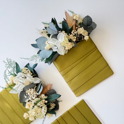 Boho dried floral hair comb with boutonniere in olive green and ivory palette, ideal for outdoor weddings.