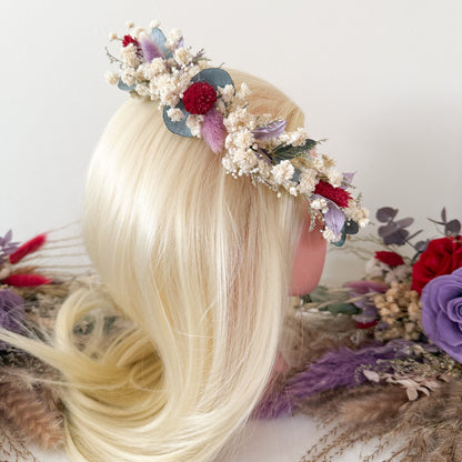 Boho dried flower bridal headband with preserved flowers in ivory, burgundy, lavender and eucalyptus.