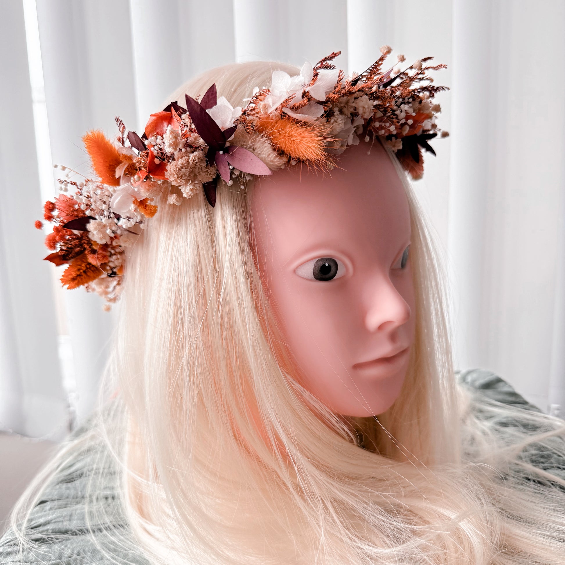 Rustic boho bridal headpiece with dried flowers and ribbon