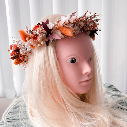 Rustic boho bridal headpiece with dried flowers and ribbon
