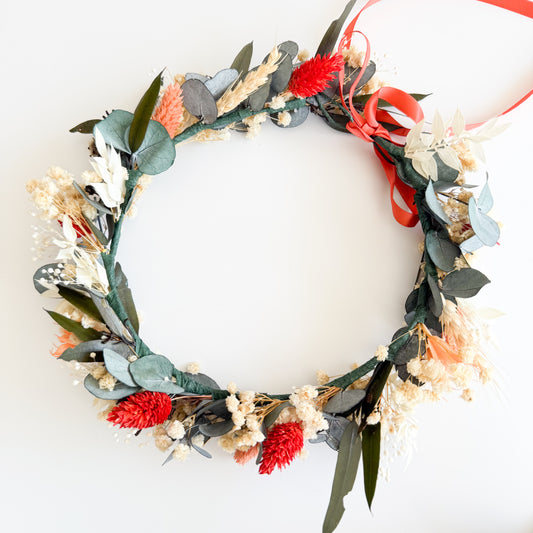 Rustic bridal flower crown with preserved eucalyptus, cream, peach and red dried flowers, lightweight wedding headpiece