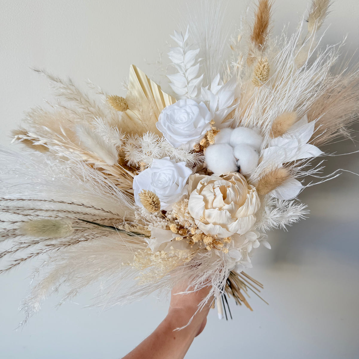 Neutral Dried Bridal Bouquet with Cotton – dried and preserved wedding flowers, product image 3 of 11