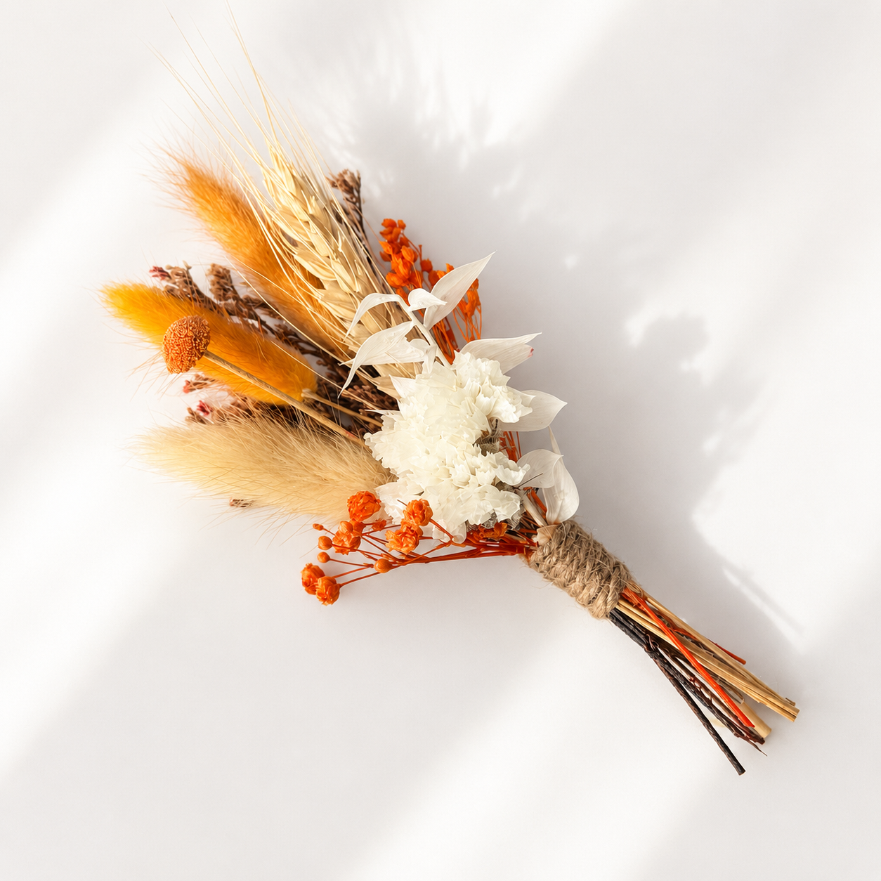 Terracotta and ivory mini dried flower bouquet with preserved flowers, perfect for bridesmaid proposal boxes and wedding gifts.