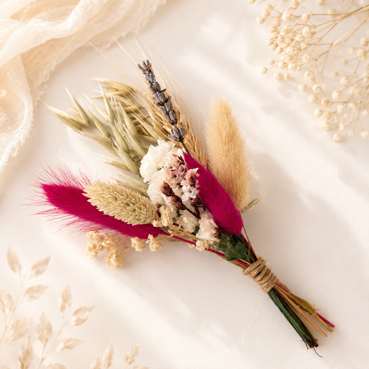 Pink and ivory mini dried flower bouquet with preserved flowers, bunny tails, lavender and natural wheat for bridesmaid proposal boxes and wedding favours.