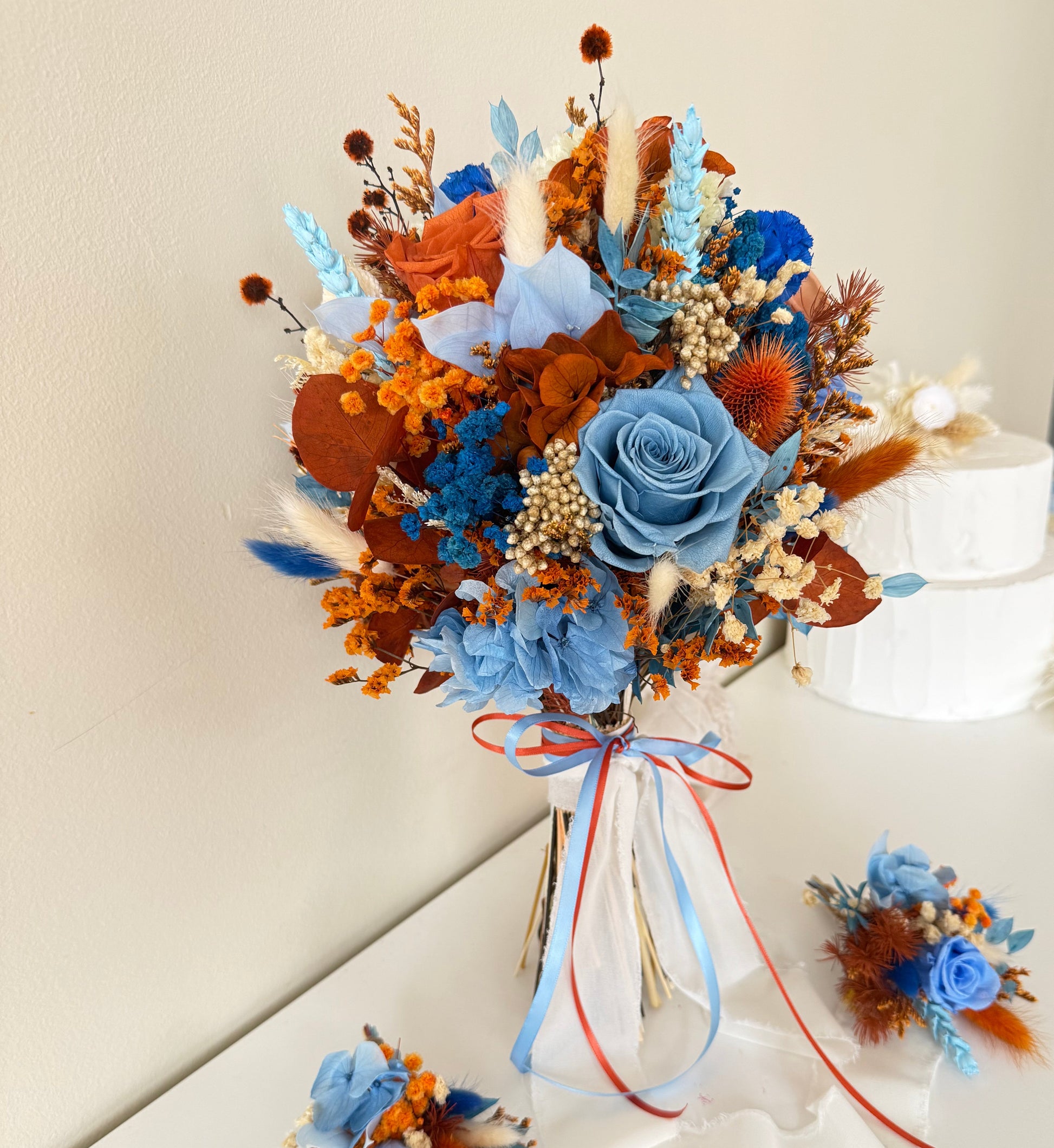 Rust Wedding Bouquet, Preserved roses bouquet, White and orange bouquet, wildflower bouquet, Bridesmaid flowers