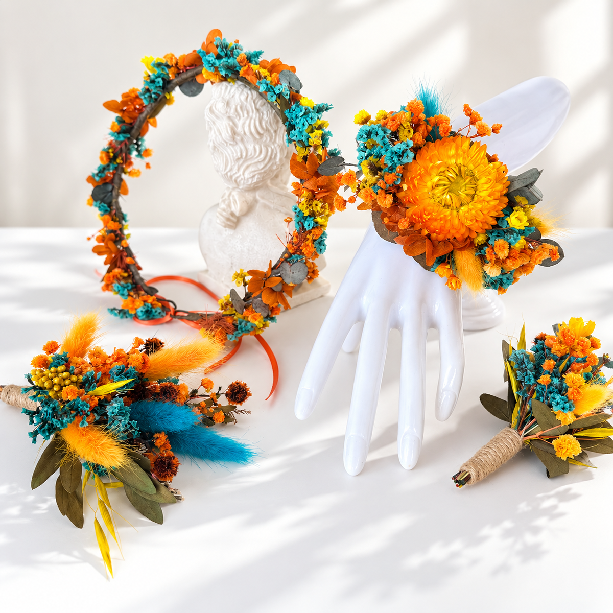 Dried Floral Crown | Orange and Teal