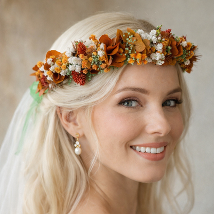 Warm toned dried floral hair crown with burgundy roses, pampas grass and textured foliage