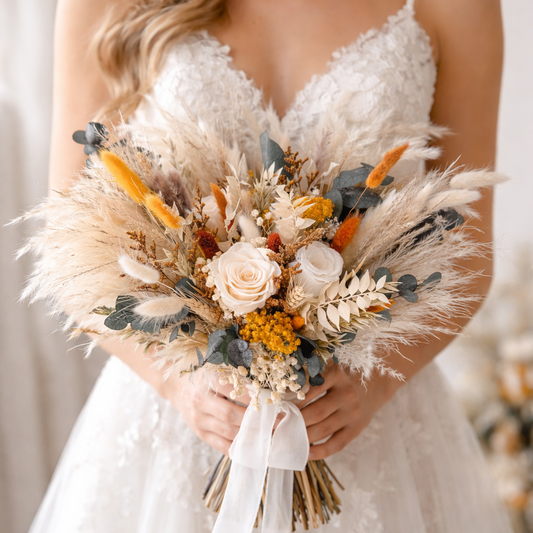 Bride holding a dried flower bouquet with a white lace dress.