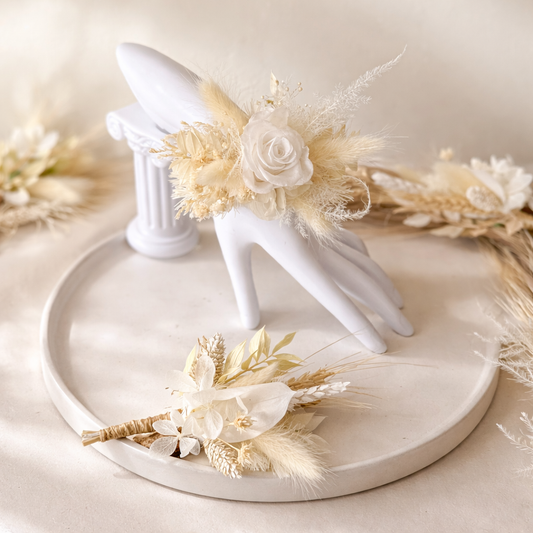 Wedding wrist corsage in ivory tones