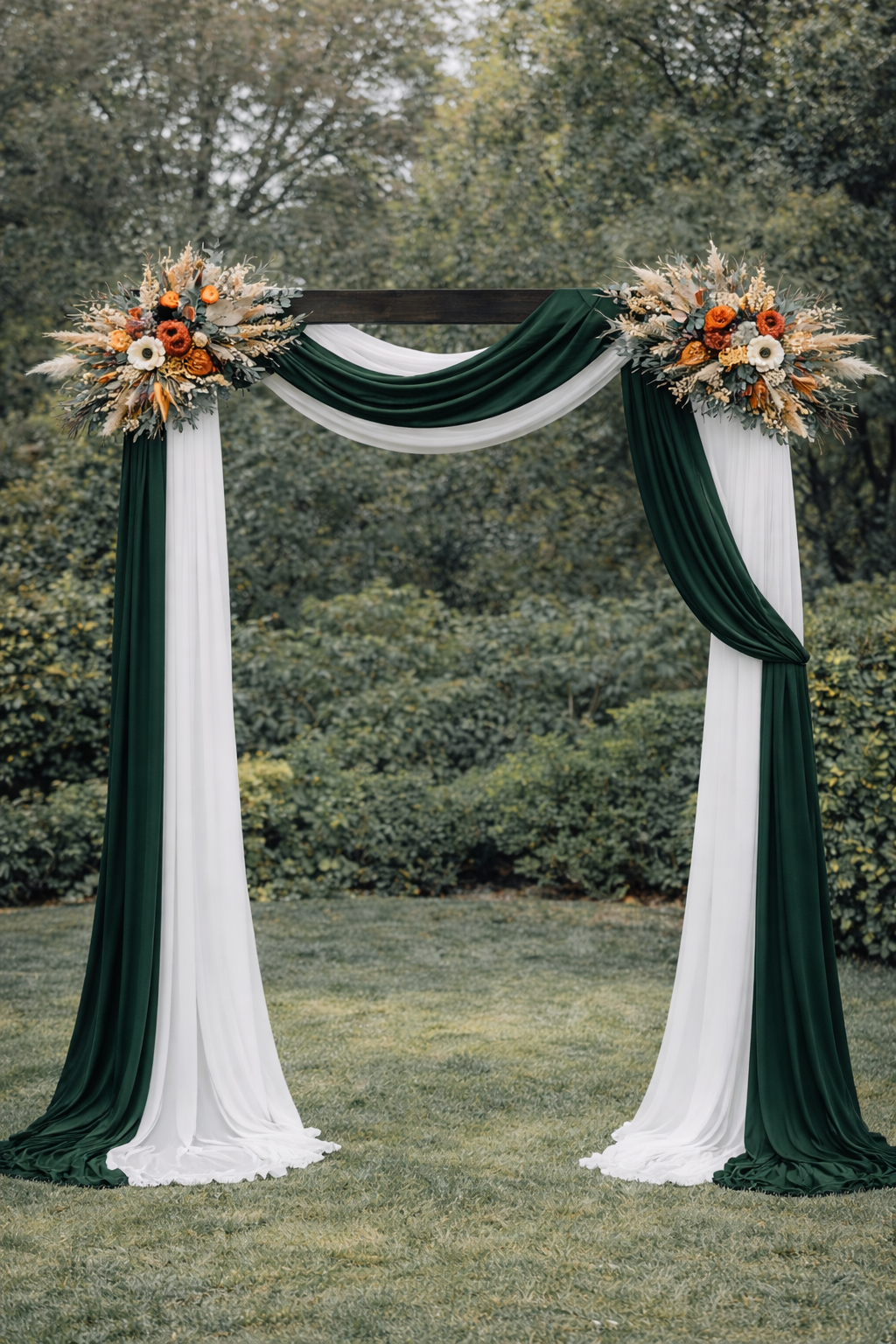 Boho rustic arbor flowers on wedding arch with draped fabric outdoor ceremony decor