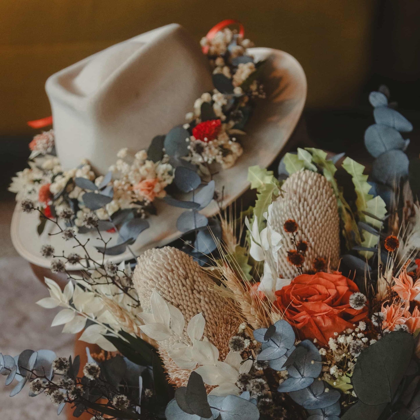 bridal Floral arrangement with a hat and bridal bouquet with australian atives