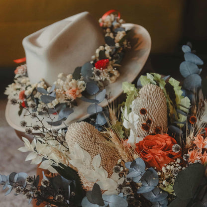 bridal Floral arrangement with a hat and bridal bouquet with australian atives