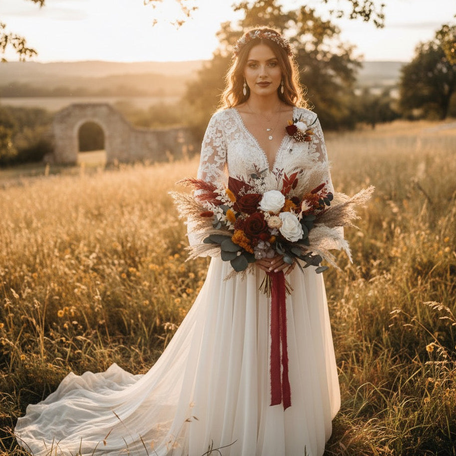 Stunning full-length shot of a bride in a lace gown holding a premium, large, Australian-designed boho wedding bouquet featuring preserved dried pampas grass, burgundy, and rust tones, captured at sunset