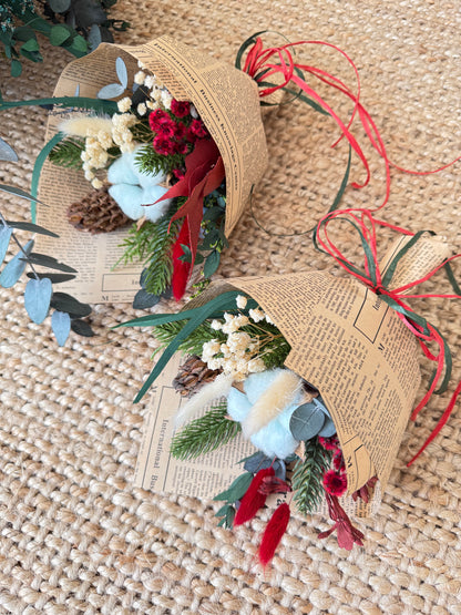 Festive rustic bouquet with pine, eucalyptus, cotton, and red accents — handmade Australian Christmas gift.