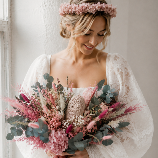 Australian Native bridal bouquet featuring banksia, eucalyptus, hydrangea and preserved flowers