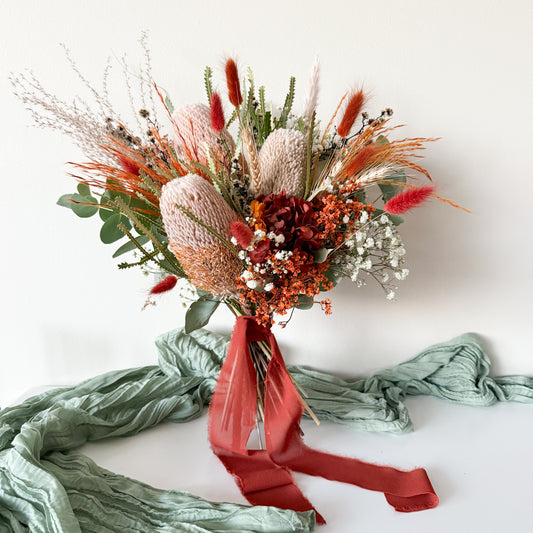 boho bridal bouquets with dried banksia