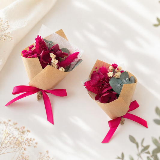 Berry pink dried flower bouquet set with kraft wrapping and satin ribbon, perfect for bridesmaid proposal or wedding gift