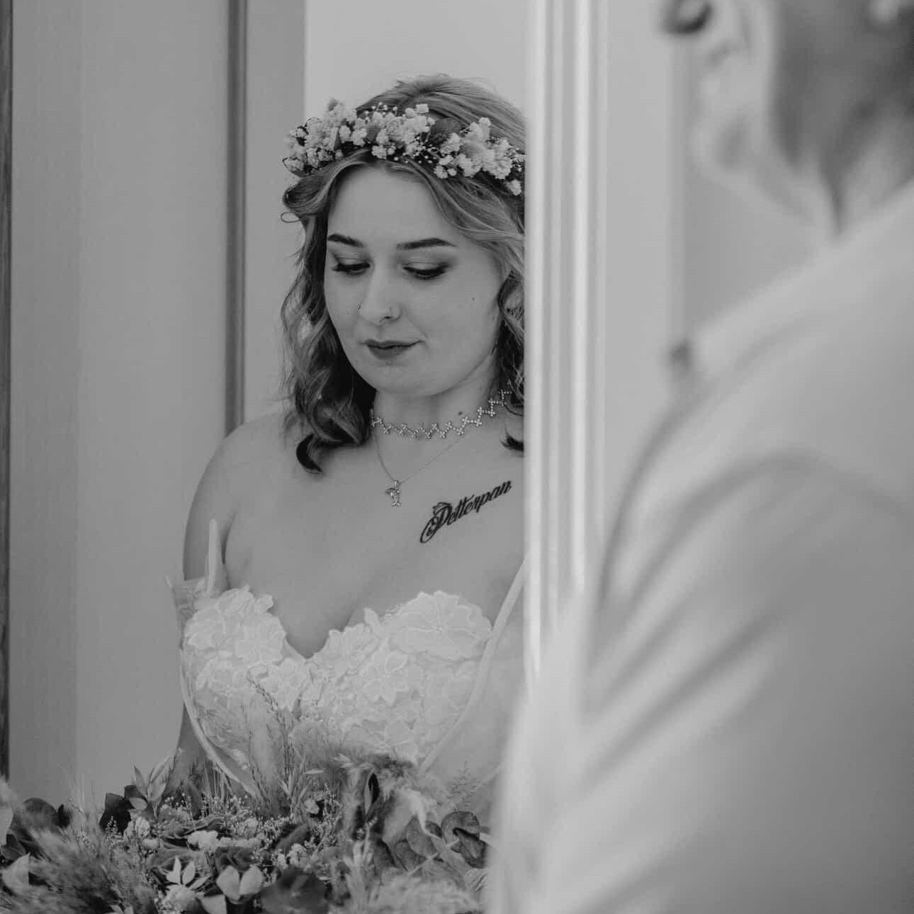 Black and white bridal portrait during wedding preparations, featuring a dried flower bouquet and floral crown for a boho Australian wedding