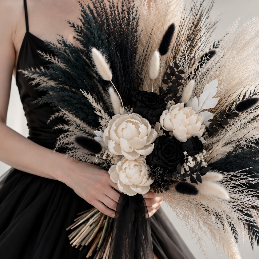 Black and white dried bridal bouquet with preserved flowers, pampas grass and dark foliage