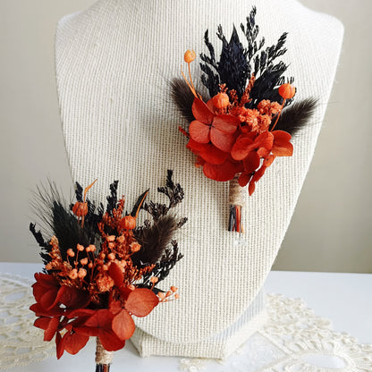 Terracotta and black dried flower boutonniere, handcrafted for modern boho grooms