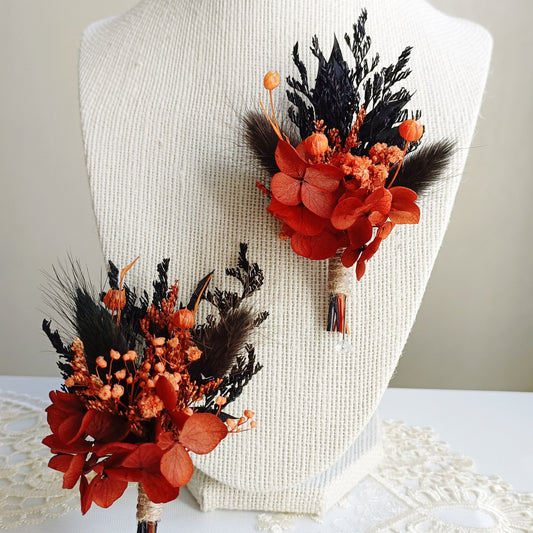 Terracotta and black dried flower boutonniere, handcrafted for modern boho grooms