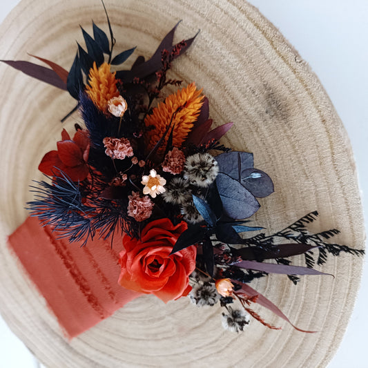 Terracotta and black pocket boutonniere, handcrafted for modern boho grooms