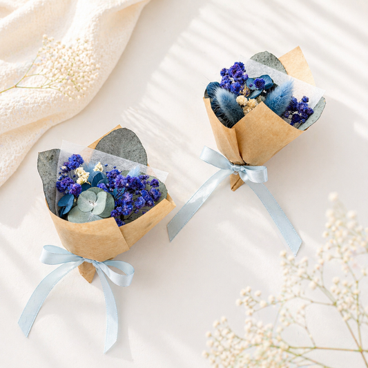 Blue dried flower bouquet set with light blue ribbon and kraft wrapping, perfect for bridesmaid proposal or wedding gift