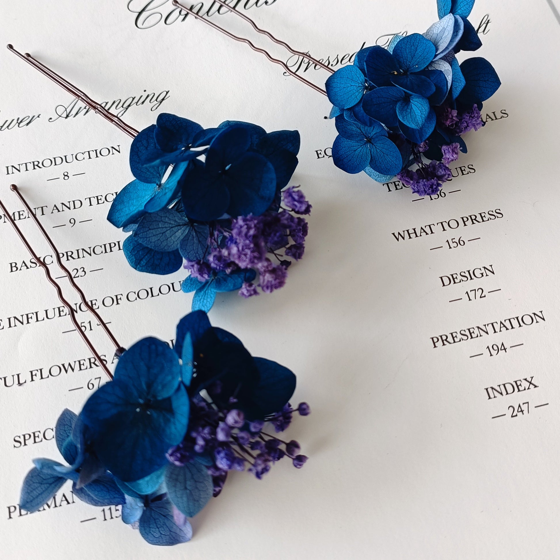 blue wedding floral hair pins