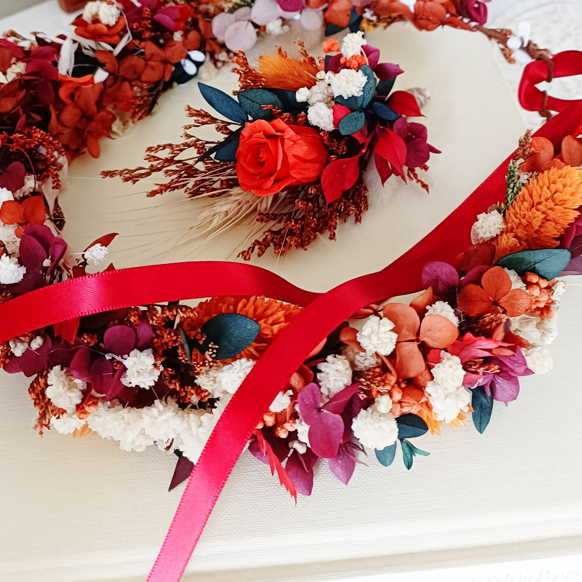 Boho dried flower crown with burgundy, red, orange and ivory preserved flowers, colourful bridal wedding headpiece