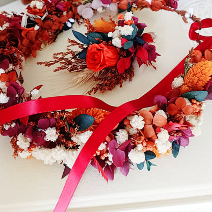 Boho dried flower crown with burgundy, red, orange and ivory preserved flowers, colourful bridal wedding headpiece