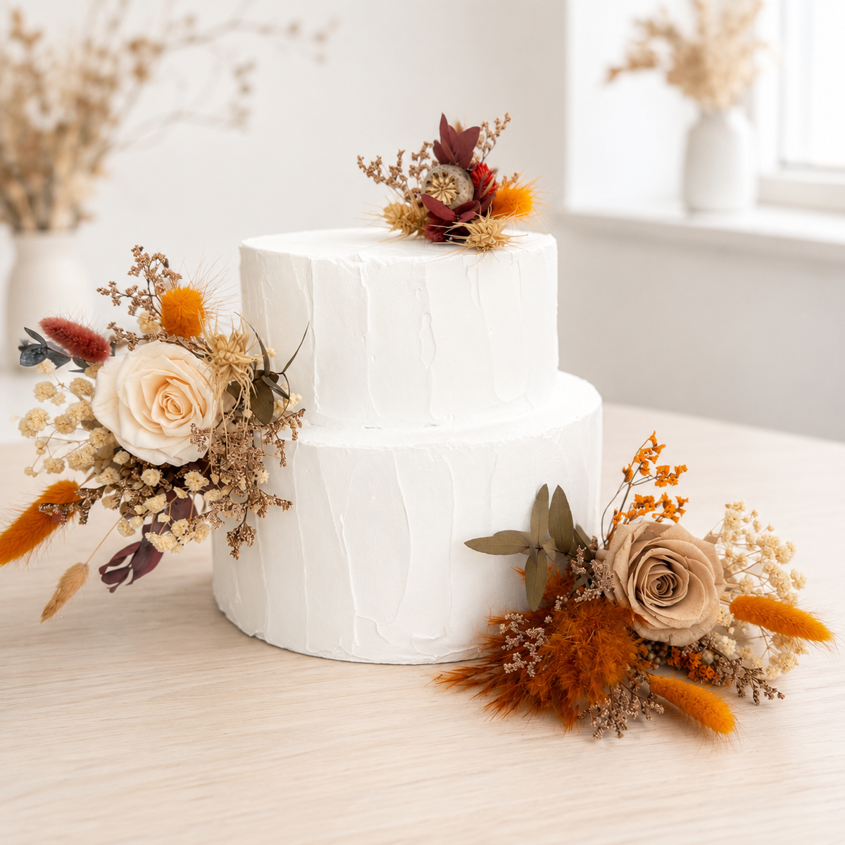 Handmade wedding cake floral decorations in amber and ivory tones, arranged with ivory roses, amber blooms and burnt orange dried foliage.