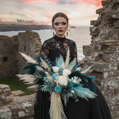 Boho bridal bouquet with teal dried flowers and pampas grass held by bride outdoor
