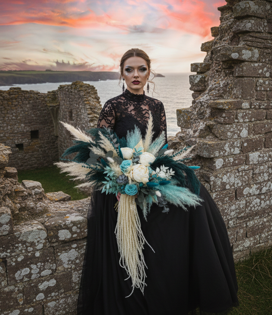 Boho bridal bouquet with teal dried flowers and pampas grass held by bride outdoor