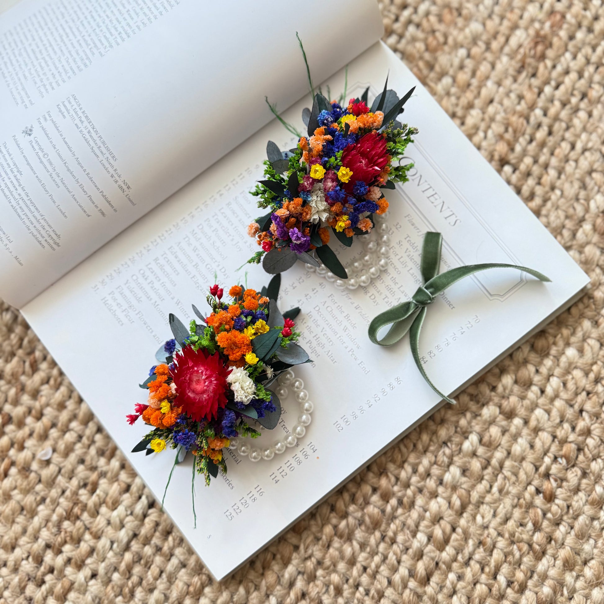 Boho colorful dried flower corsage for weddings, featuring mixed bright blooms and eucalyptus leaves