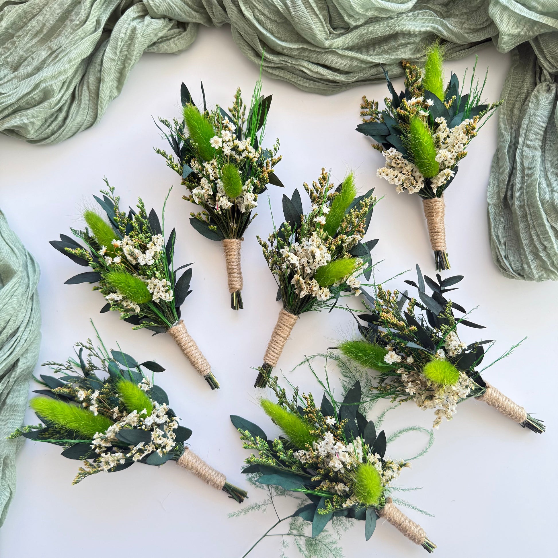 Boho greenery wedding boutonnieres set with preserved foliage, handmade groom and groomsmen accessories