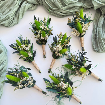 Boho greenery wedding boutonnieres set with preserved foliage, handmade groom and groomsmen accessories