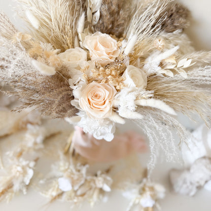 Boho wedding bouquet with ivory roses, pampas grass, dried florals and soft neutral tones