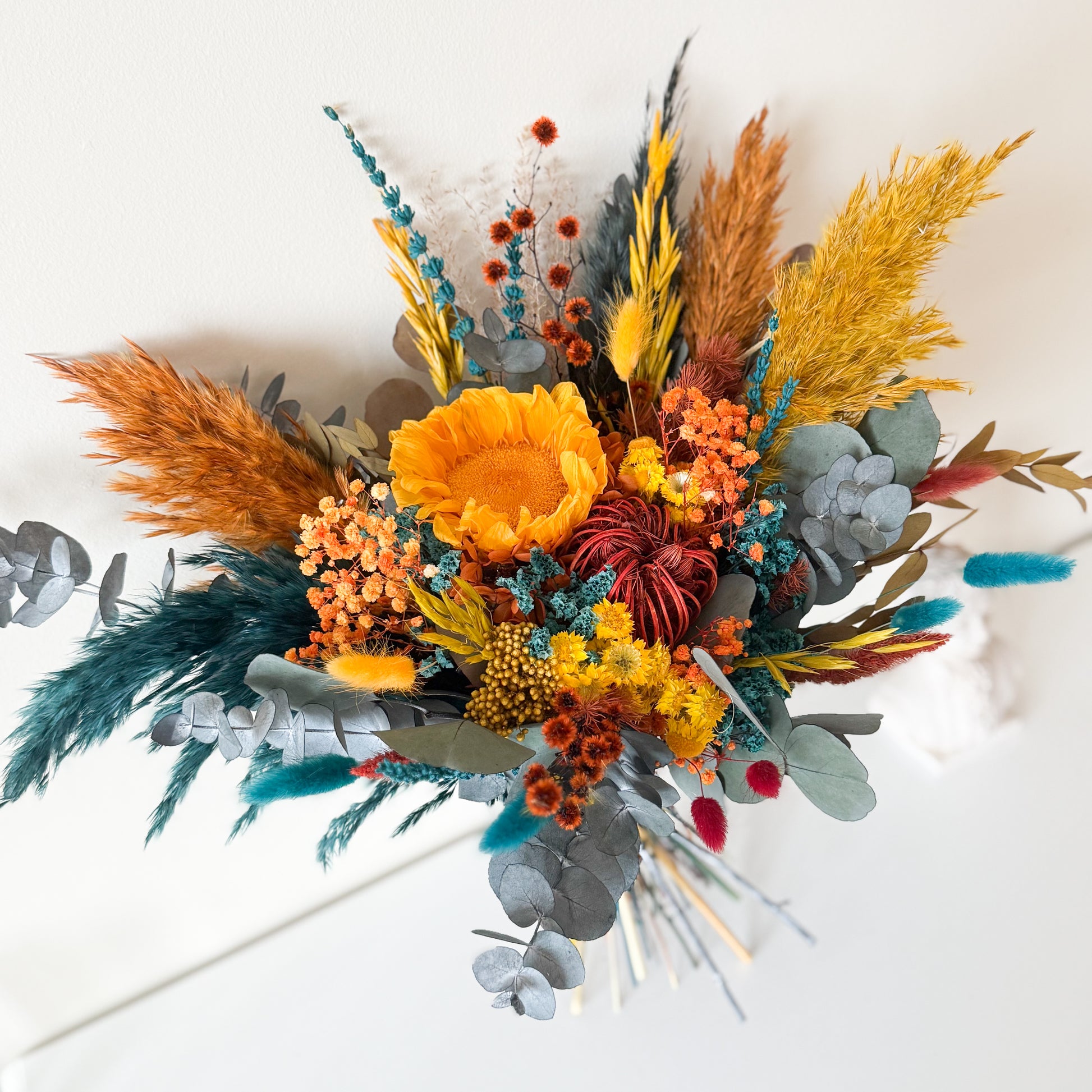 Boho sunflower dried flower bouquet with colorful preserved blooms, rustic floral arrangement