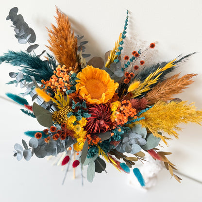 Boho sunflower dried flower bouquet with preserved flowers and eucalyptus, handmade wedding and home decor arrangement