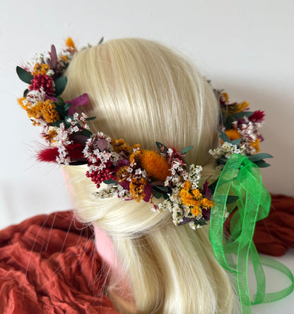 Bridal flower crown with dried florals in burgundy, yellow, orange, and purple shades — bohemian wedding hairpiece for brides or bridesmaids.
