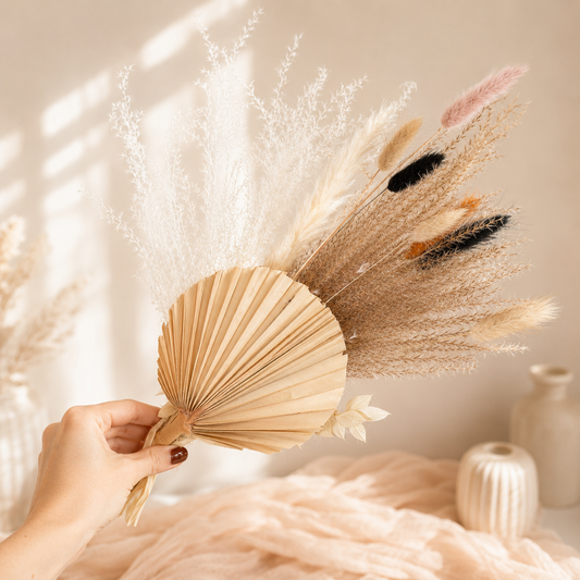 Hand holding dried pampas grass and a fan-like leaf against a soft, neutral background