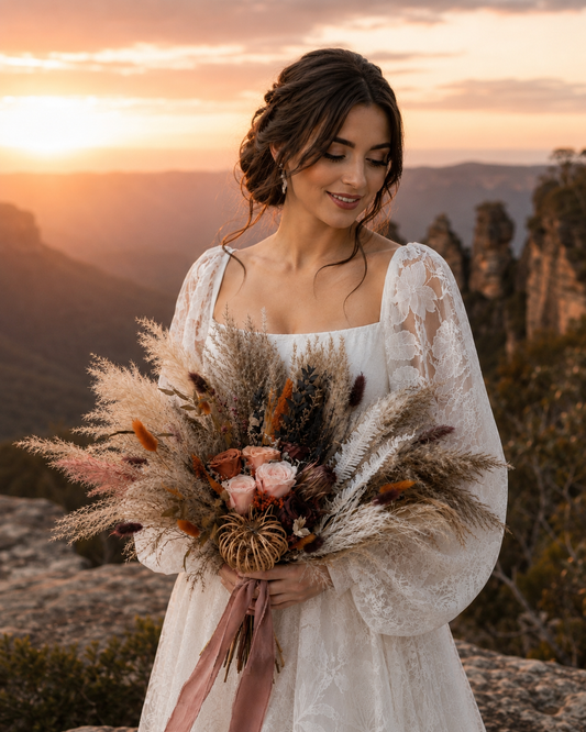 bride in a white dress holding a bouquet of dried flowers against a scenic background.