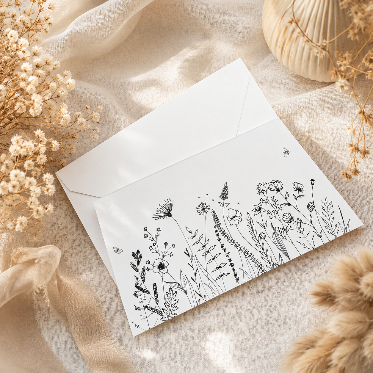 A white envelope with delicate black floral line art printed along the bottom, styled on a beige fabric surface with dried flowers and a woven decorative object around it.